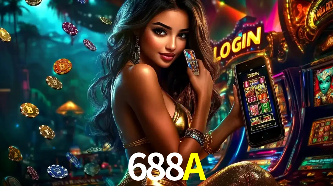 Mulher em um cenário de cassino temático de aventura, mostrando o app de caça-níqueis da 688A no celular. Fichas de apostas flutuam ao redor.