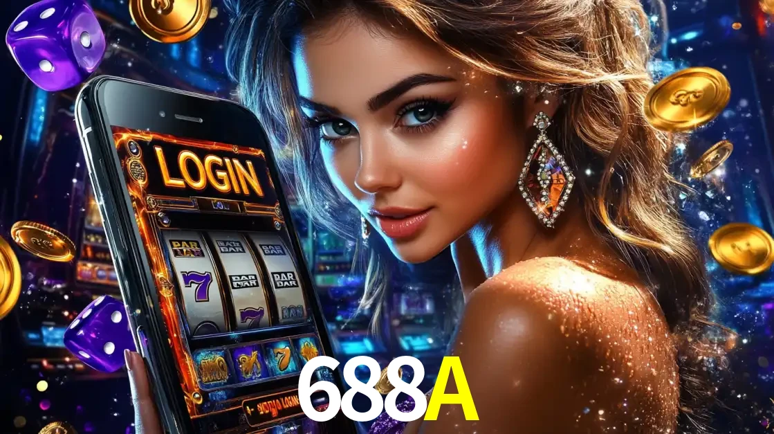 Mulher glamorosa segurando um smartphone com a tela de login para os jogos de caça-níqueis do cassino online 688A, com moedas de ouro e dados ao redor.