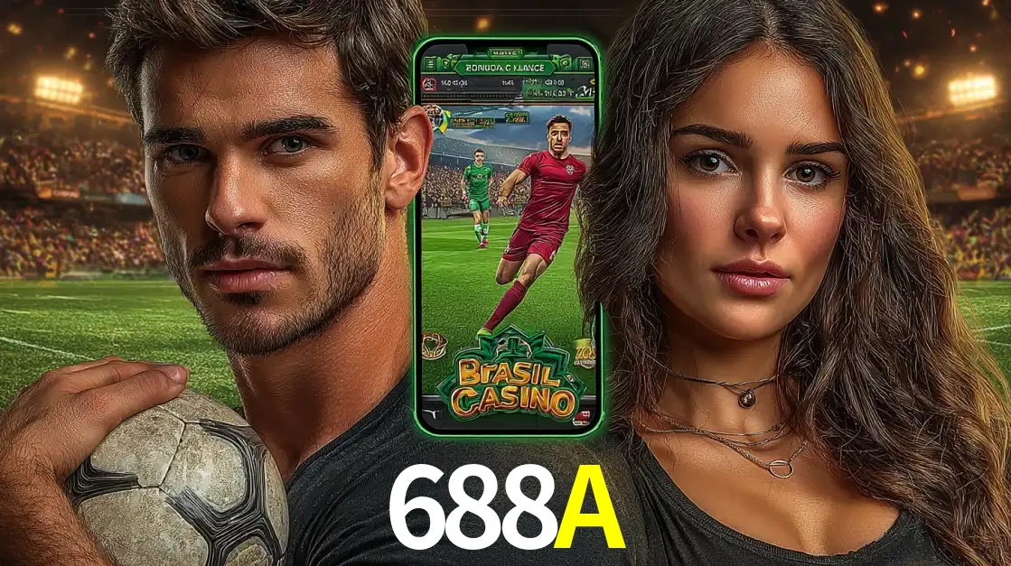Homem segurando uma bola de futebol e uma mulher ao lado de um smartphone exibindo o jogo de apostas esportivas da 688A. Faça seu palpite no cassino online.